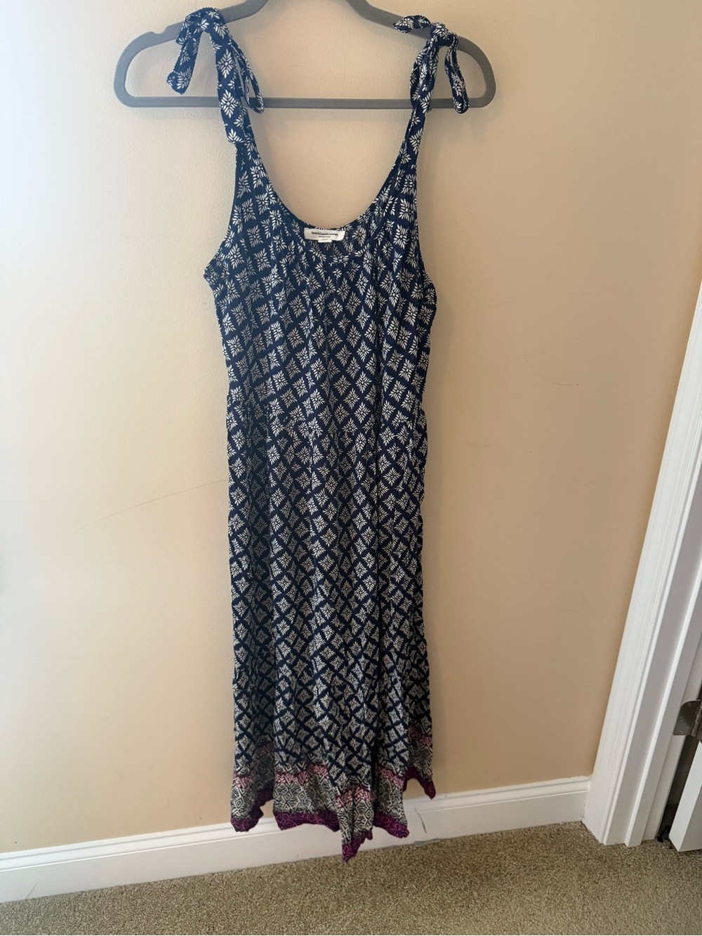 Beach Lunch Lounge Dress viscose Shoulder Tie Fit Flare Geometric Navy size M
